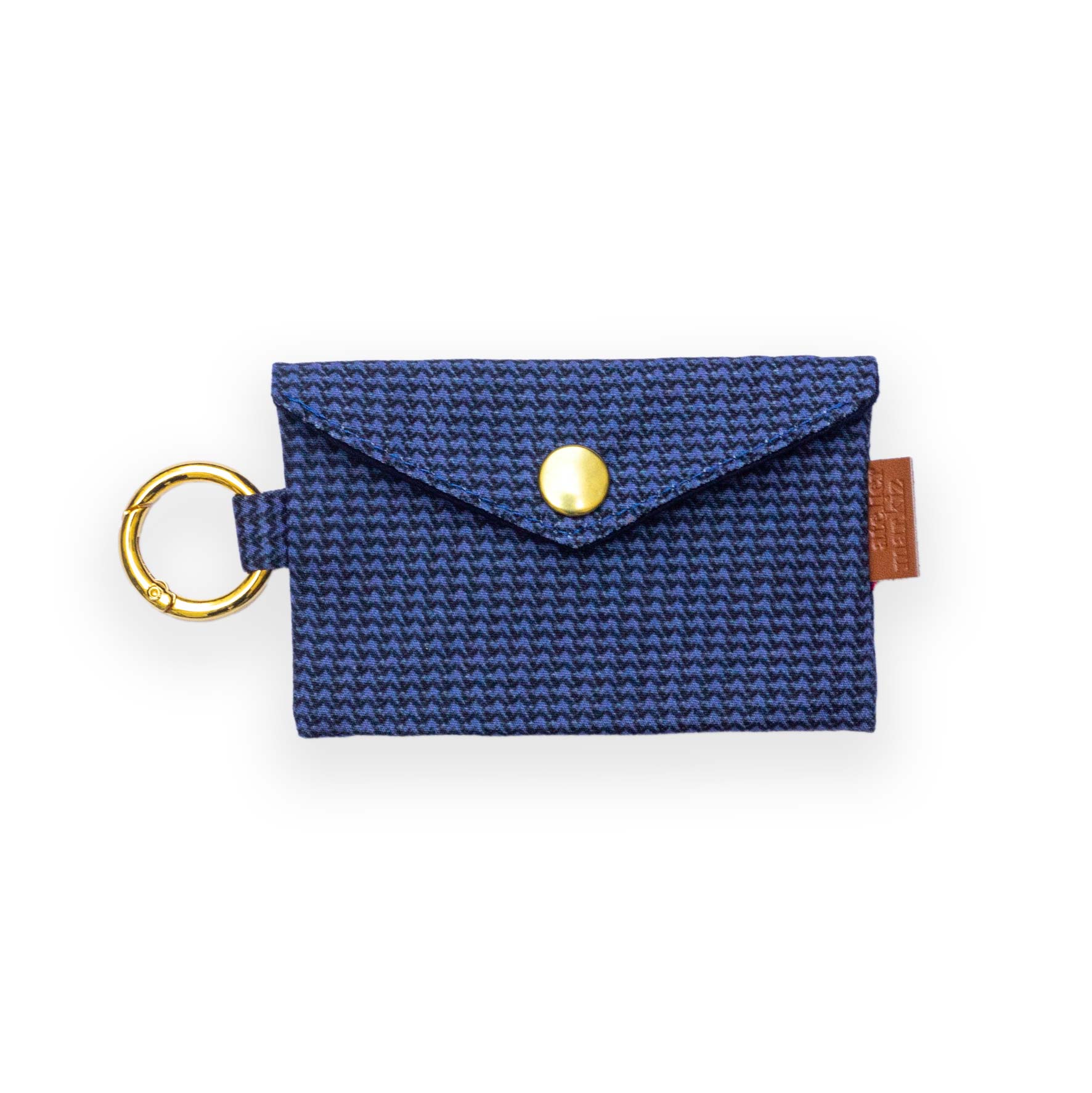 Pochette pour sacs à crottes de chien à motif pied de puce bleu avec bouton doré et anneau pratique pour attache.