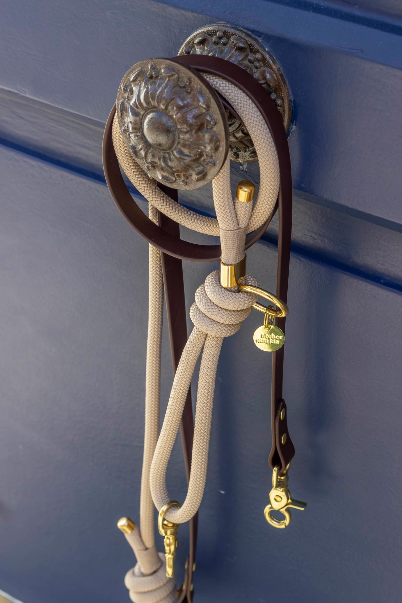 Laisse mains libres en corde x Biothane Latte