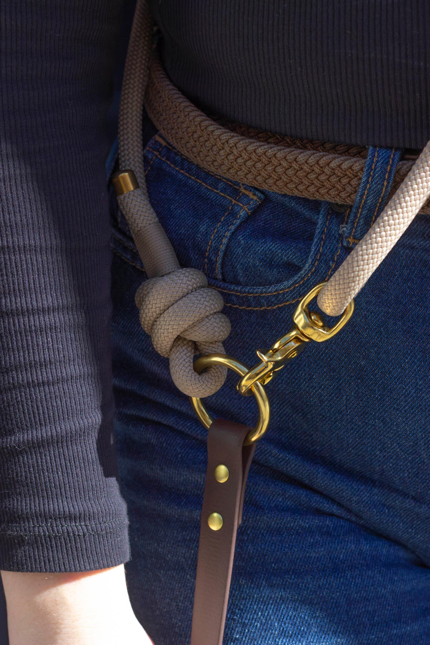 Laisse mains libres en corde x Biothane Latte