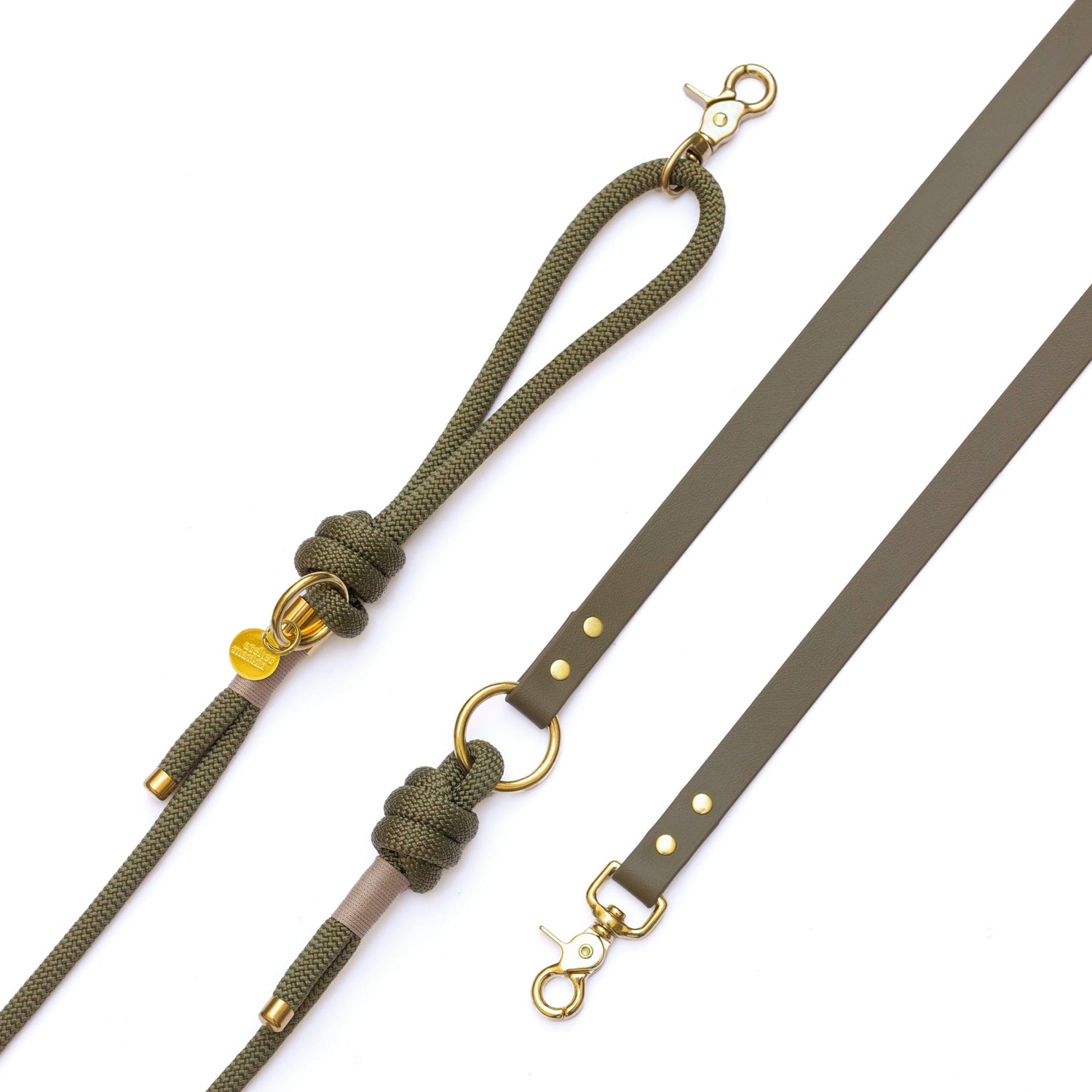 Laisse mains libres corde x Biothane Kaki