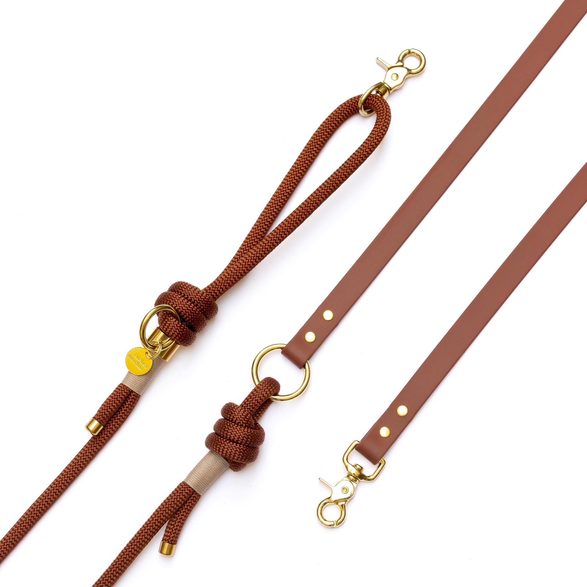 Laisse mains libres en corde x Biothane Brownie